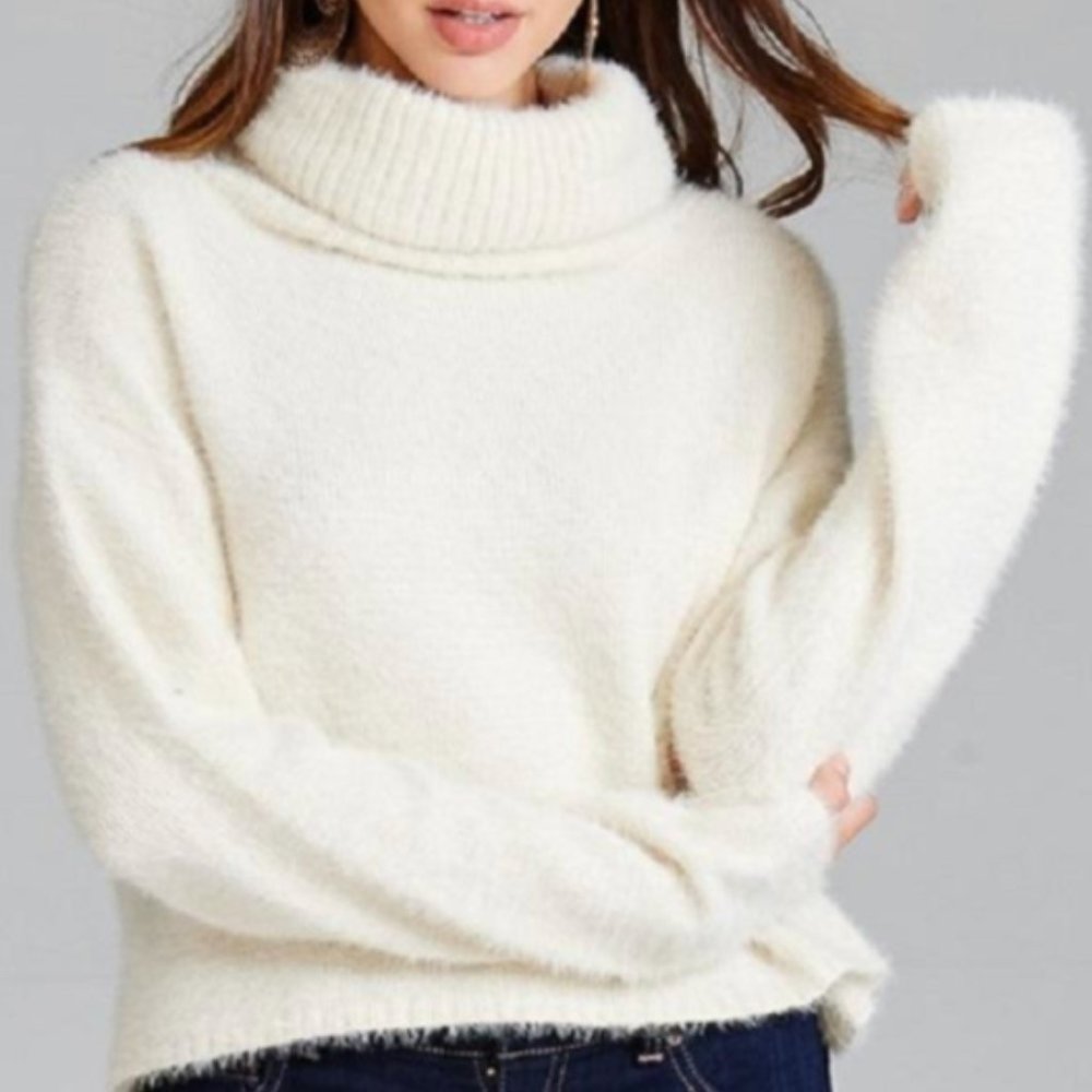 Cozy Fuzzy White Turtleneck Sweater